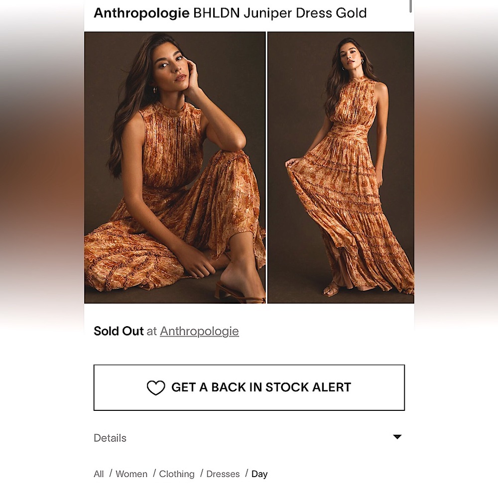 Anthropologie BHLDN Juniper dress gold
